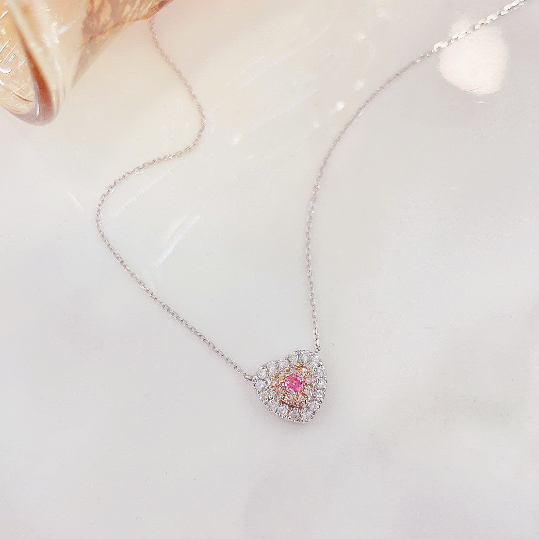 18K Pink Diamond Heart-Shaped Pendant Necklace with Surrounding Diamonds - Pink Diamond Necklace