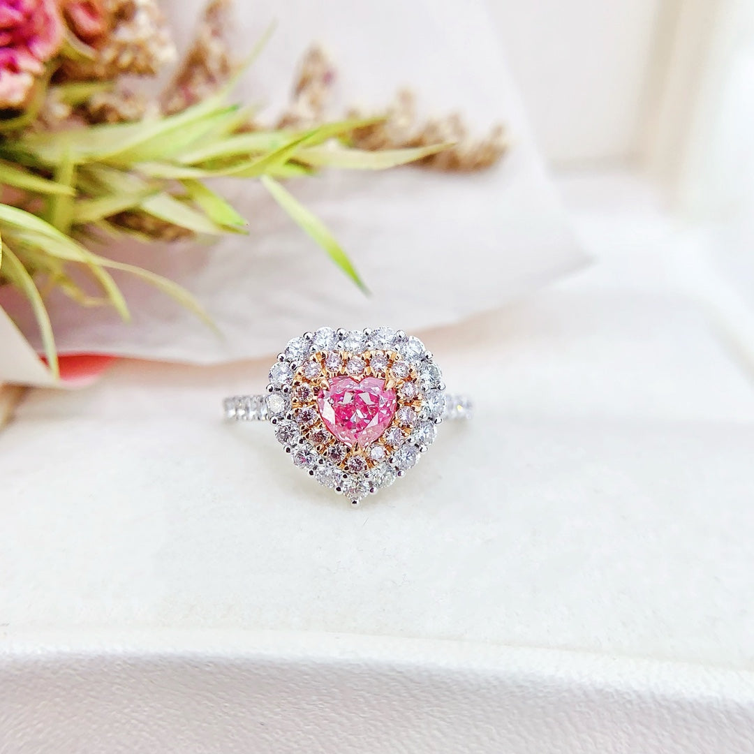 18K Pink Diamond Heart-Shaped Ring with Surrounding Diamonds | Premium Jewelry - Pink Diamond Ring