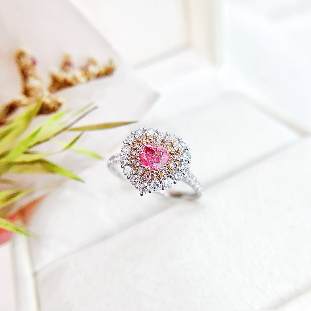 18K Pink Diamond Heart-Shaped Ring with Surrounding Diamonds | Premium Jewelry - Pink Diamond Ring