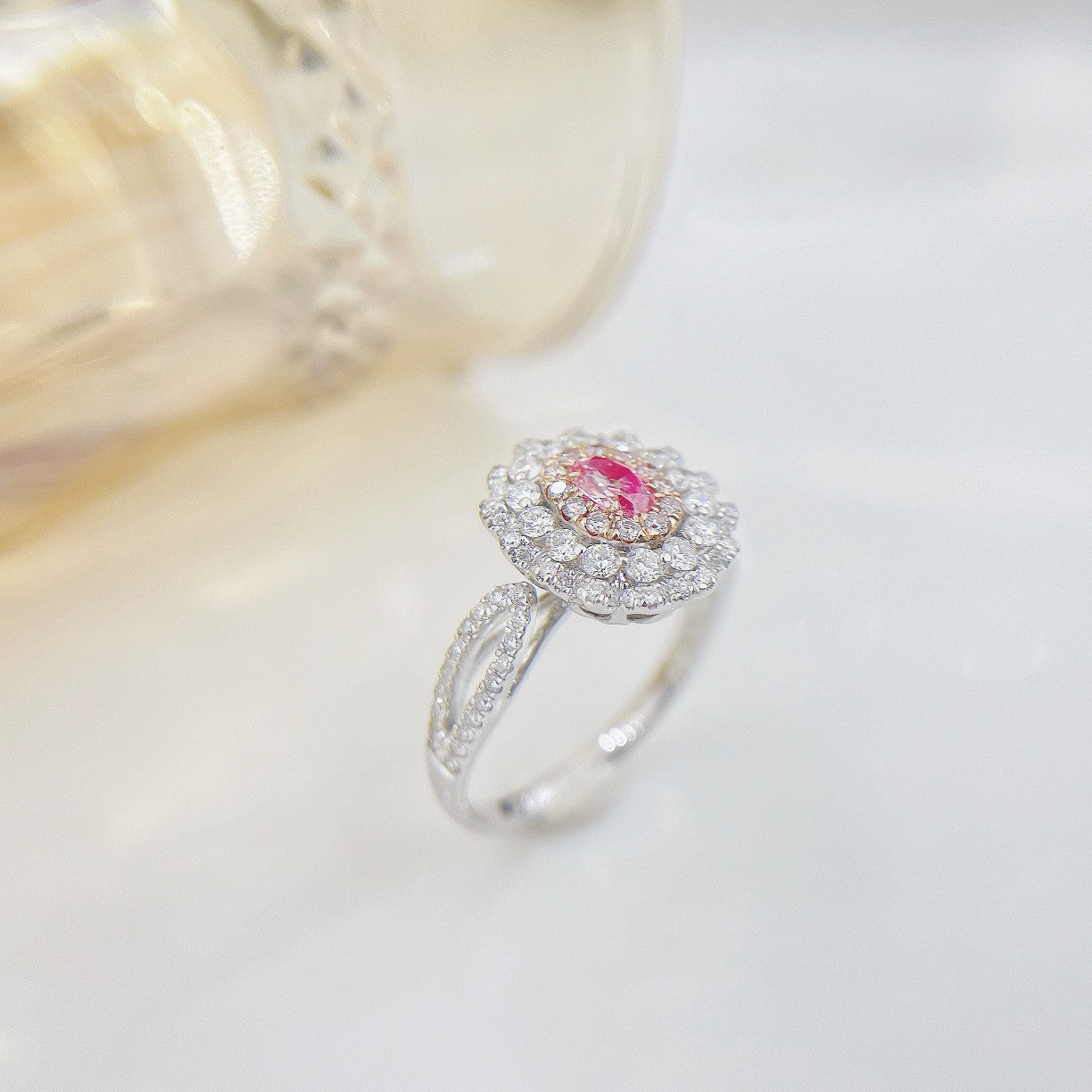 18K Pink Diamond Hollow Out Diamond-Encrusted Ring | Premium Jewelry - Pink Diamond Ring