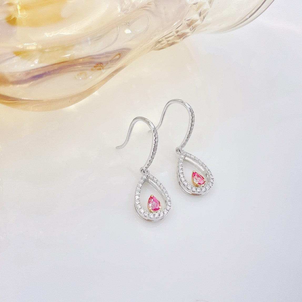 18K Pink Diamond Hollow Waterdrop Ear Hook Jewelry - Jeweler.Jewelry