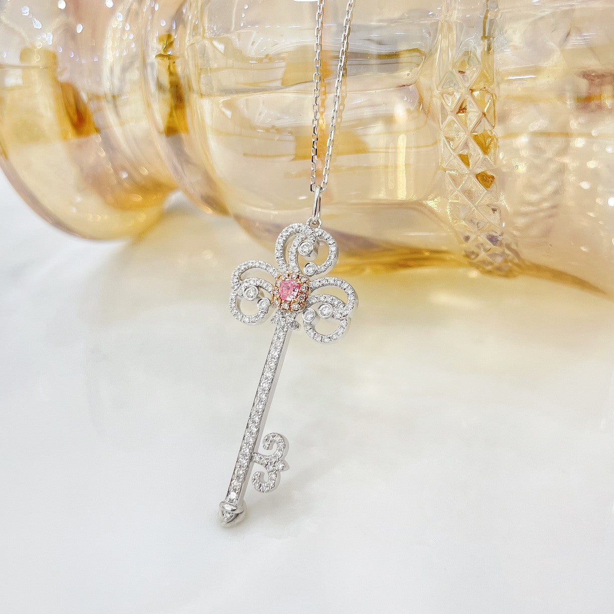 18K Pink Diamond Iris Key Necklace - Luxury Jewelry - Pink Diamond Necklace