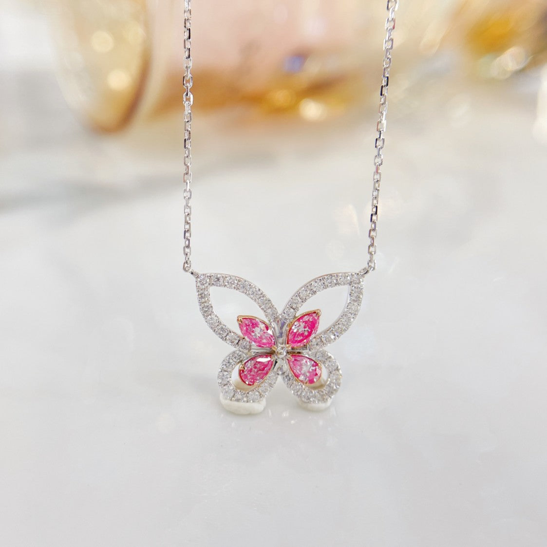 18K Pink Diamond Marquise Butterfly Necklace - Exquisite Jewelry - Pink Diamond Necklace