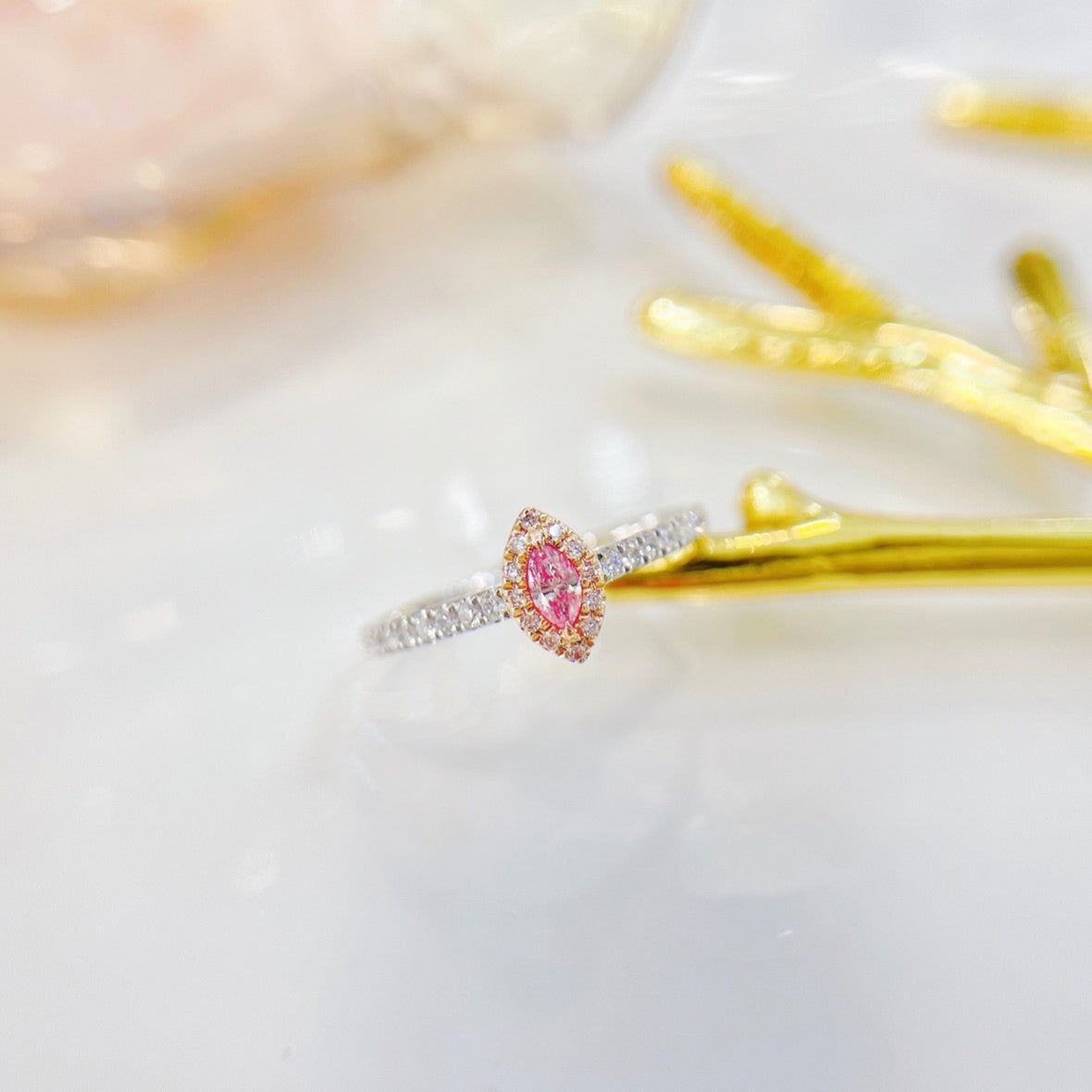 18K Pink Diamond Marquise Cluster Ring - Luxurious Jewelry - Pink Diamond Ring