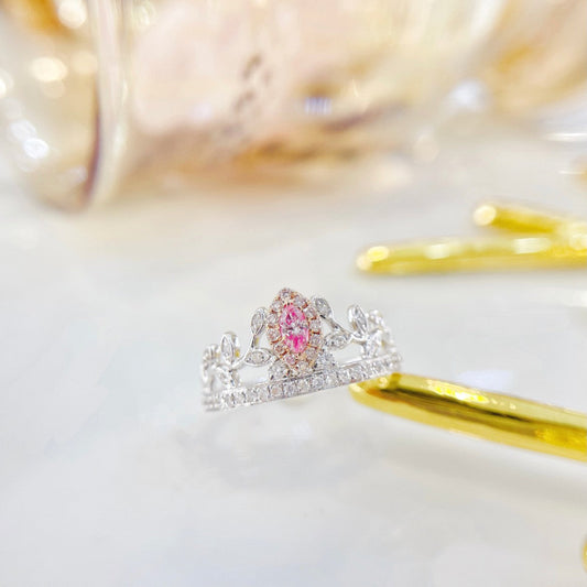 18K Pink Diamond Marquise Crown Leaf Ring - Luxurious Jewelry - Pink Diamond Ring