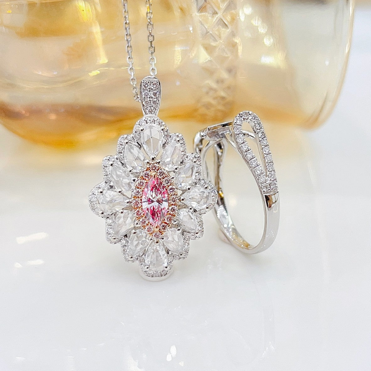 18K Pink Diamond Marquise Double-Wear Jewelry with AGL Certificate - Pink Diamond Ring