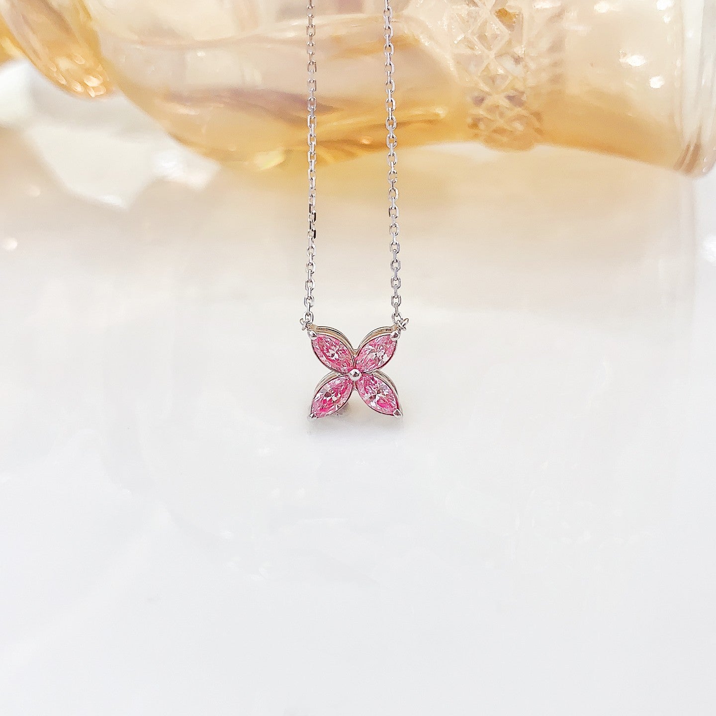 18K Pink Diamond Marquise Four-Leaf Clover Necklace - Exclusive Jewelry - Pink Diamond Necklace