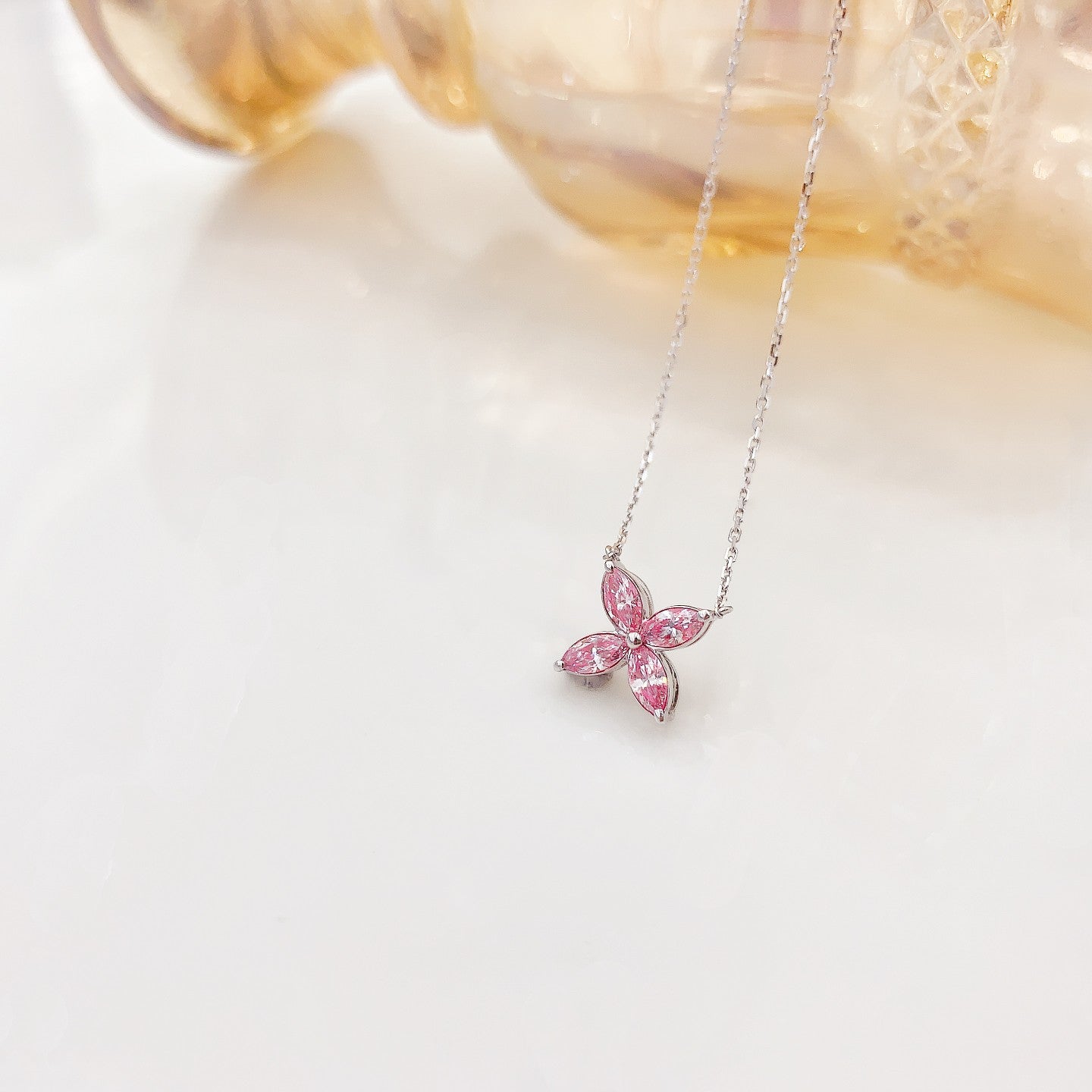 18K Pink Diamond Marquise Four-Leaf Clover Necklace - Exclusive Jewelry - Pink Diamond Necklace