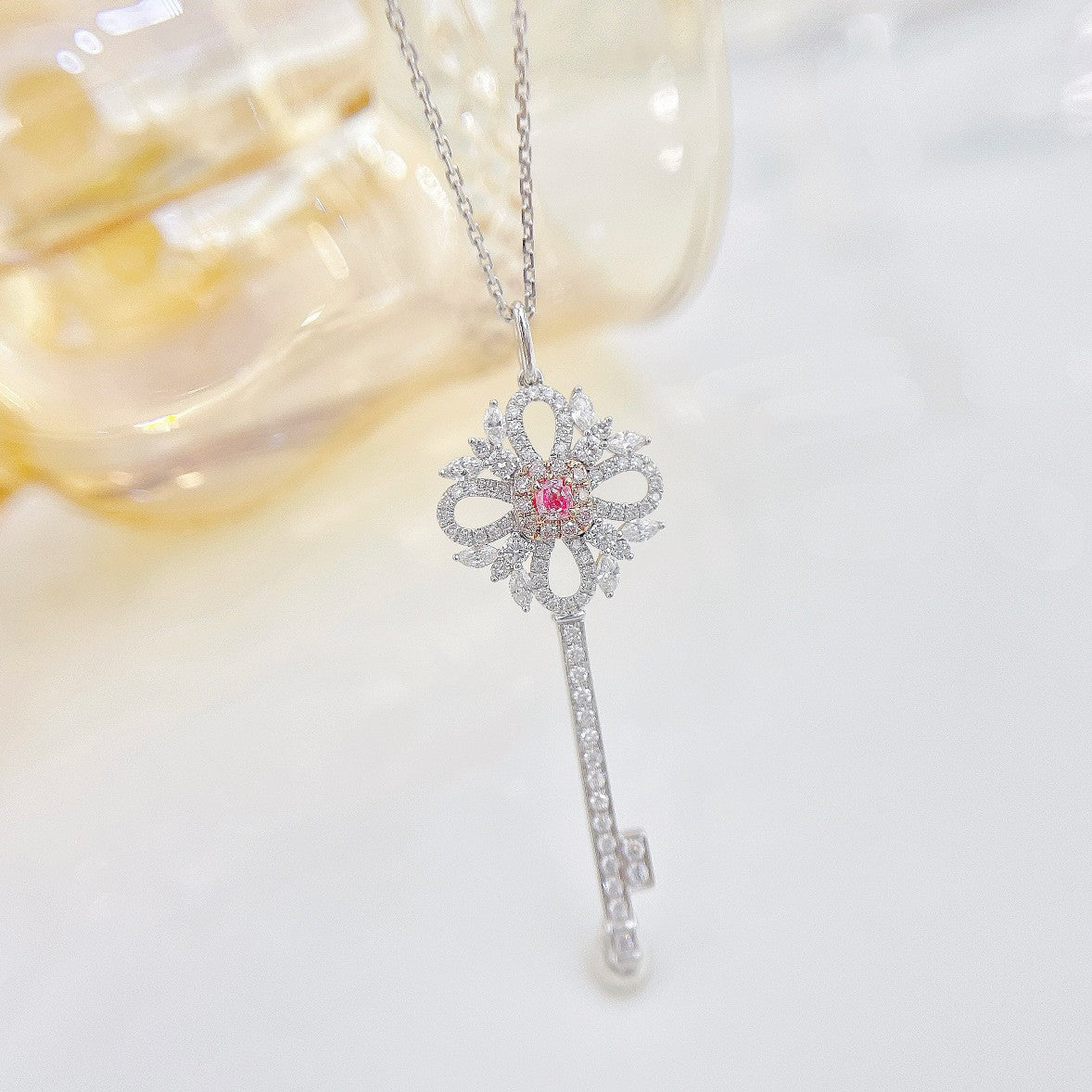 18K Pink Diamond Marquise Key Pendant Necklace - Luxury Jewelry - Pink Diamond Necklace