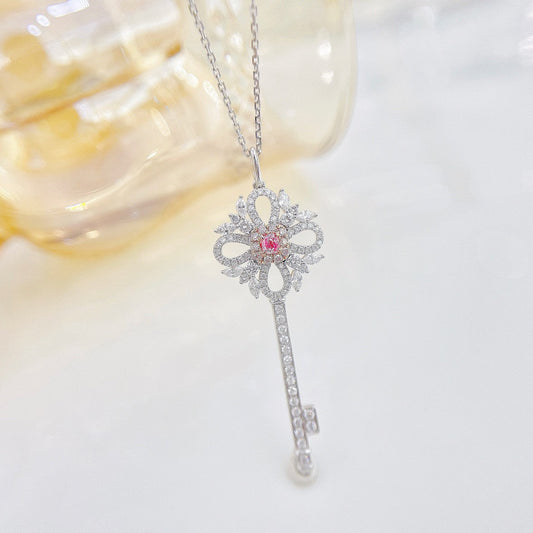 18K Pink Diamond Marquise Key Pendant Necklace - Luxury Jewelry - Pink Diamond Necklace