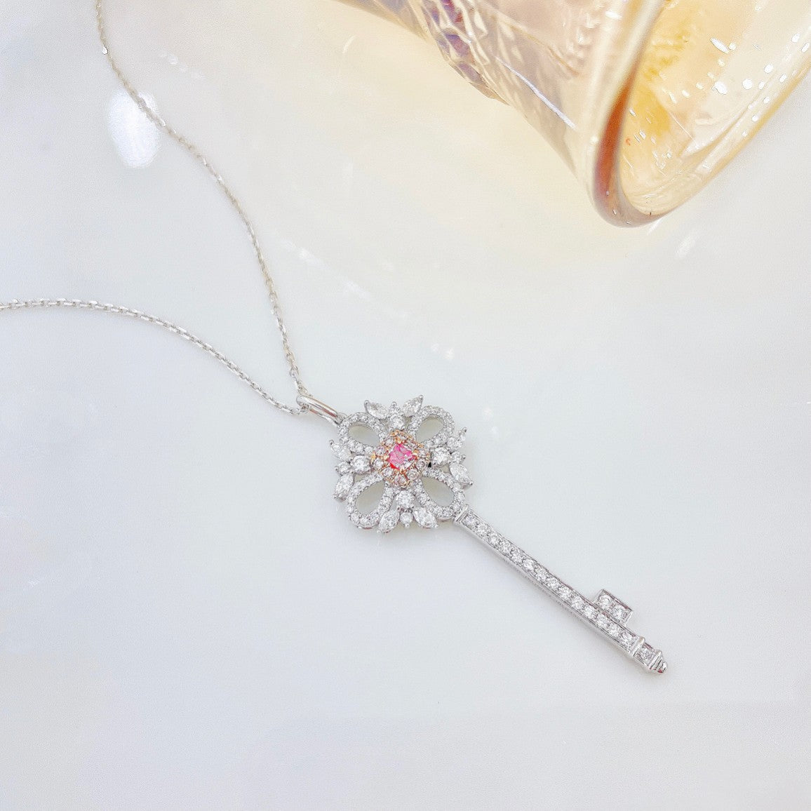 18K Pink Diamond Marquise Key Pendant Necklace - Luxury Jewelry - Pink Diamond Necklace