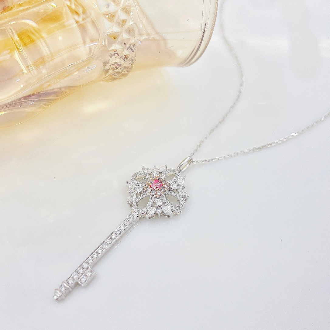 18K Pink Diamond Marquise Key Pendant Necklace - Luxury Jewelry - Pink Diamond Necklace