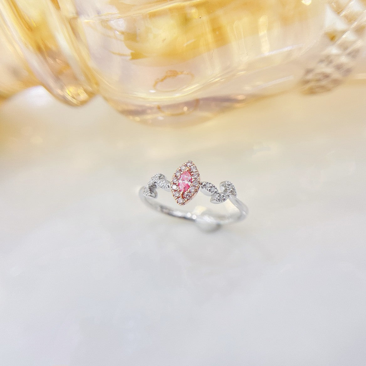 18K Pink Diamond Marquise Leaf Ring - Luxurious Jewelry Piece - Pink Diamond Ring