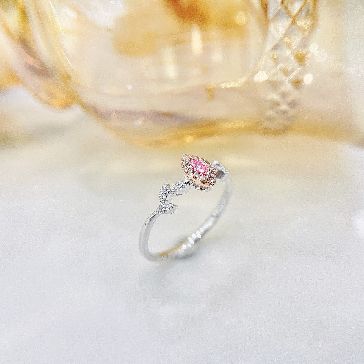 18K Pink Diamond Marquise Leaf Ring - Luxurious Jewelry Piece - Pink Diamond Ring