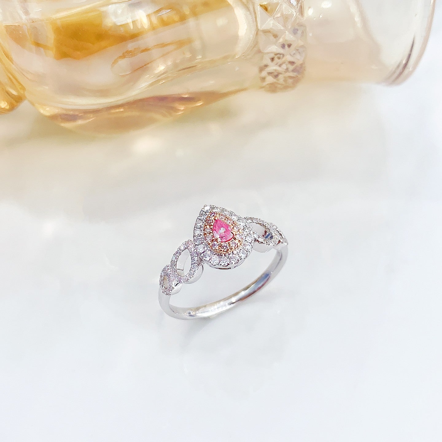 18K Pink Diamond Openwork Drop Arm Ring - Luxurious Jewelry Piece - Pink Diamond Ring