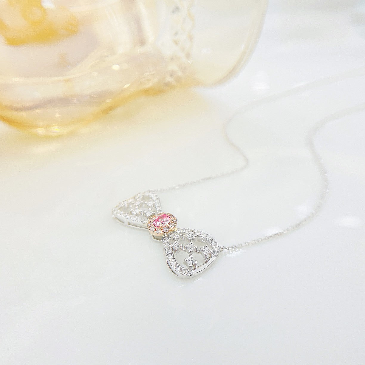 18K Pink Diamond Oval Bowknot Necklace | Luxurious Jewelry Piece - Pink Diamond Necklace