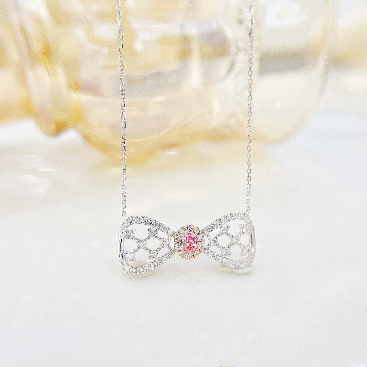 18K Pink Diamond Oval Bowknot Necklace | Luxurious Jewelry Piece - Pink Diamond Necklace