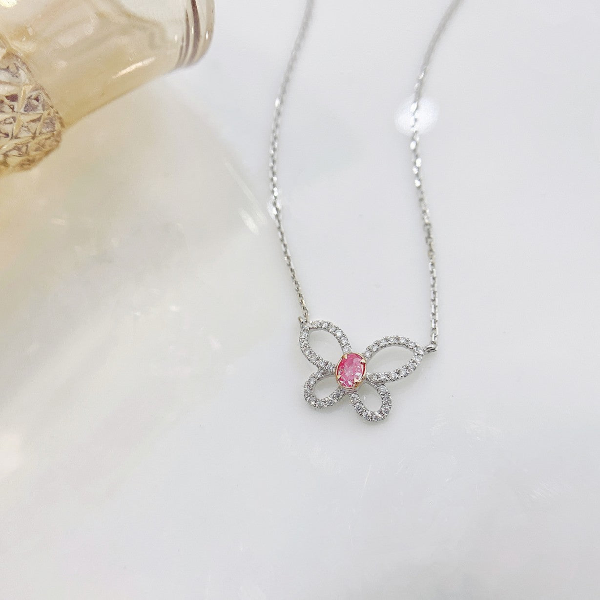 18K Pink Diamond Oval Butterfly Necklace - Luxury Jewelry - Pink Diamond Necklace