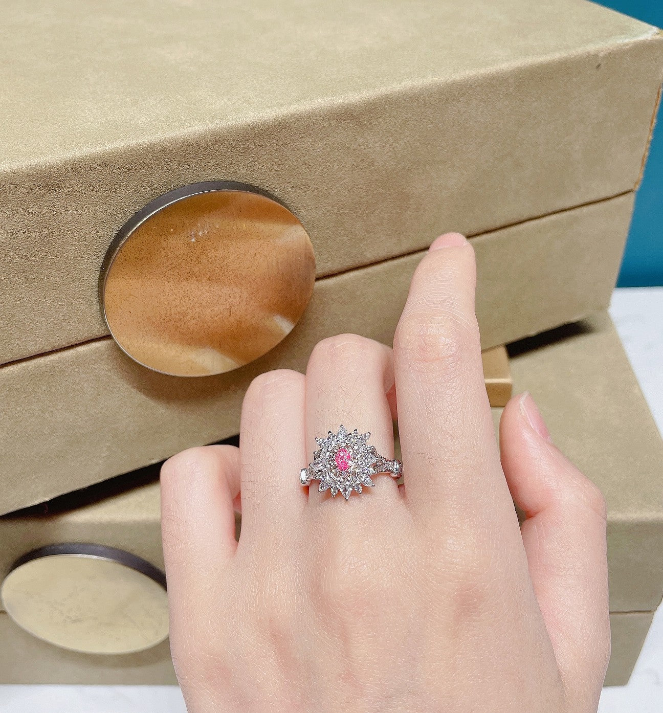 18K Pink Diamond Oval Cluster Y-Arm Ring | Premium Jewelry - Pink Diamond Ring