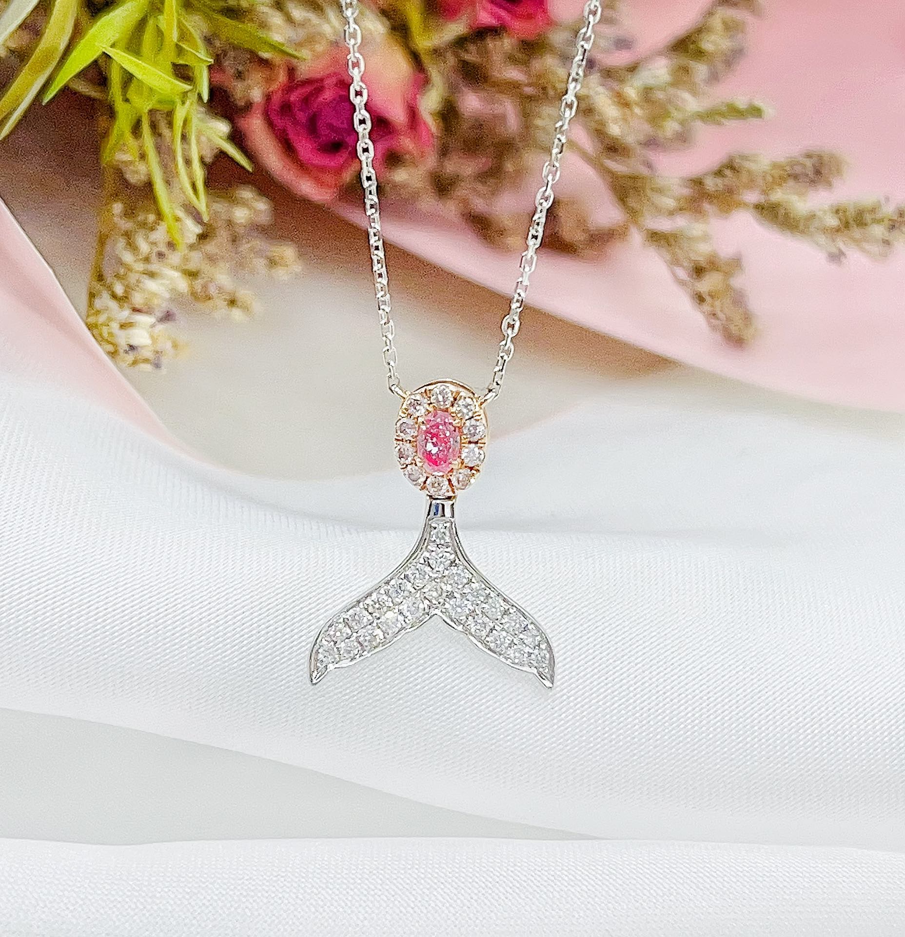 18K Pink Diamond Oval Fish Tail Necklace - Luxurious Jewelry - Pink Diamond Necklace