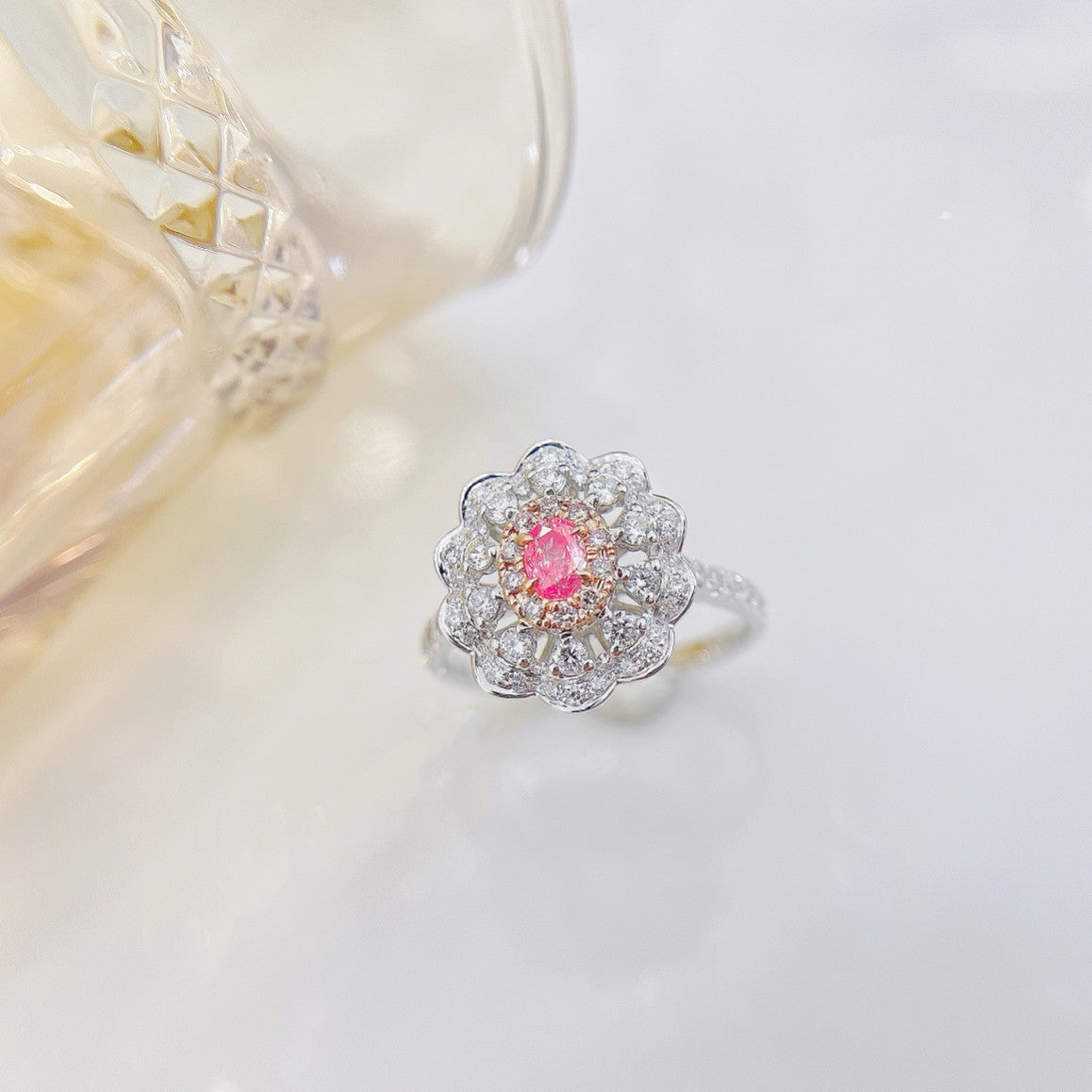 18K Pink Diamond Oval Floral Ring with Wave Edges | Premium Jewelry - Pink Diamond Ring