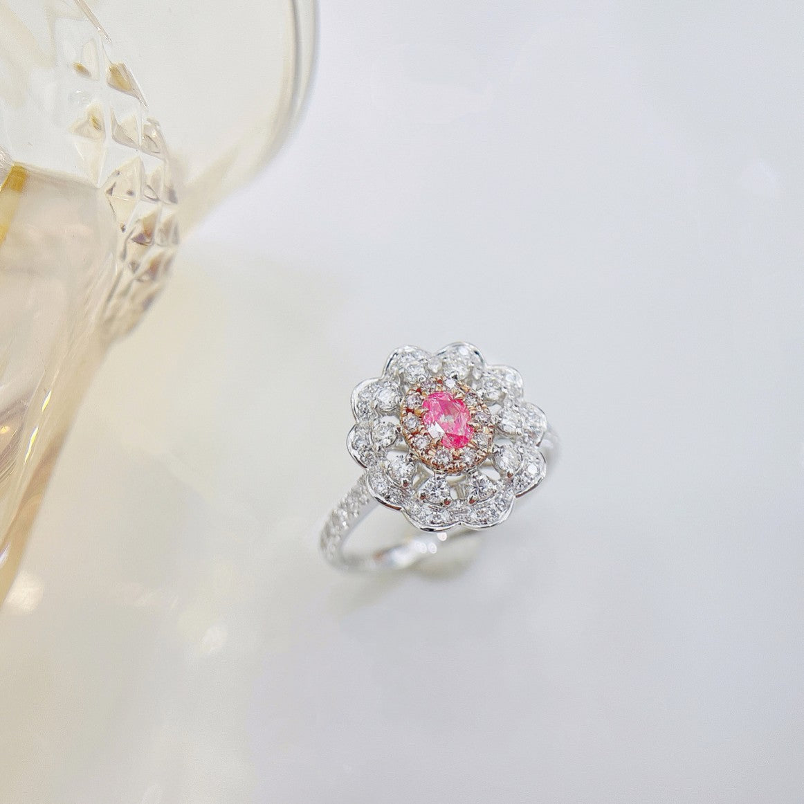 18K Pink Diamond Oval Floral Ring with Wave Edges | Premium Jewelry - Pink Diamond Ring