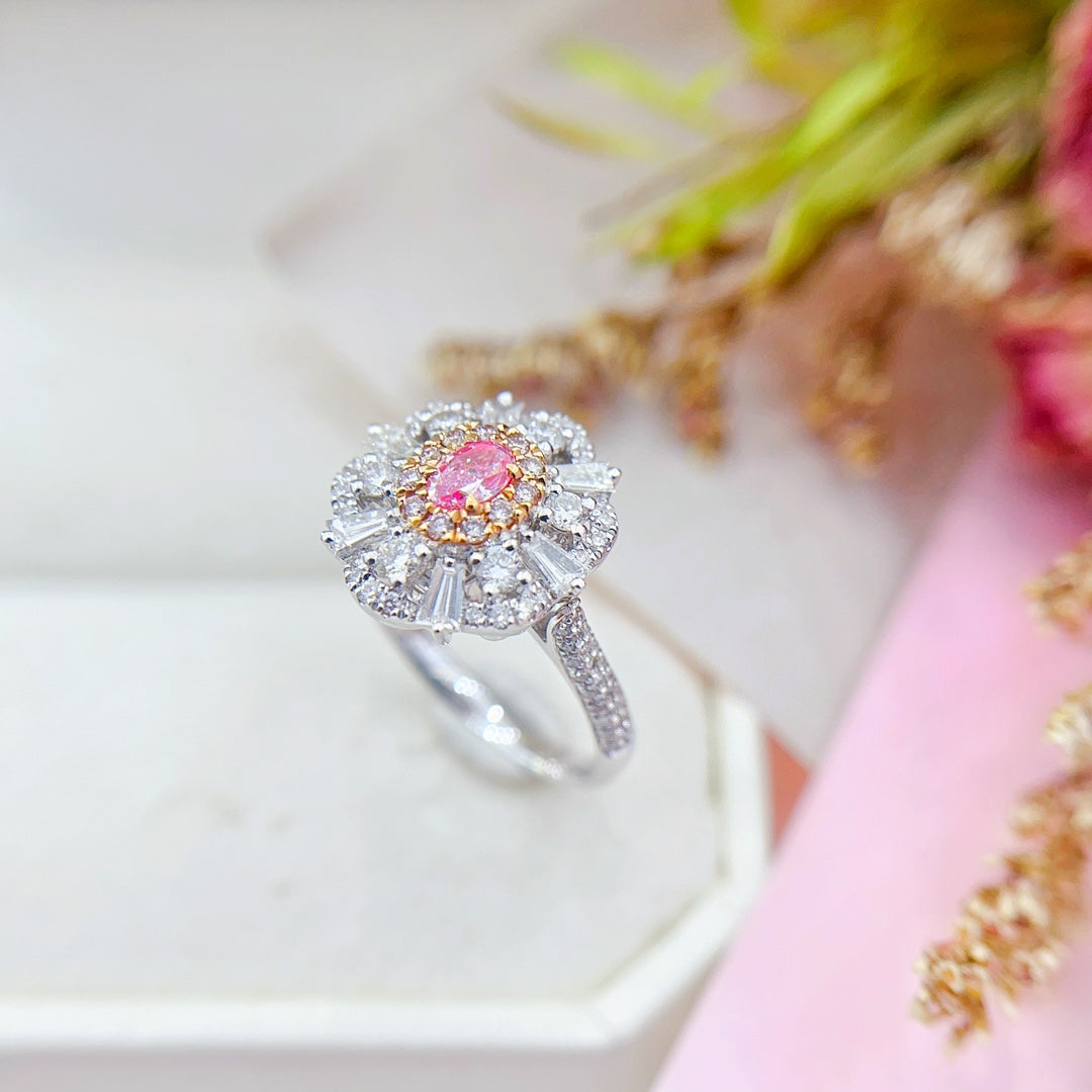 18K Pink Diamond Oval Tapered Halo Ring - Premium Jewelry - Pink Diamond Ring