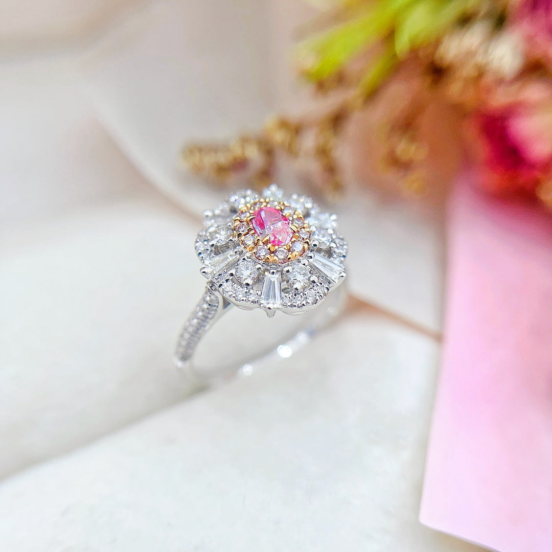 18K Pink Diamond Oval Tapered Halo Ring - Premium Jewelry - Pink Diamond Ring