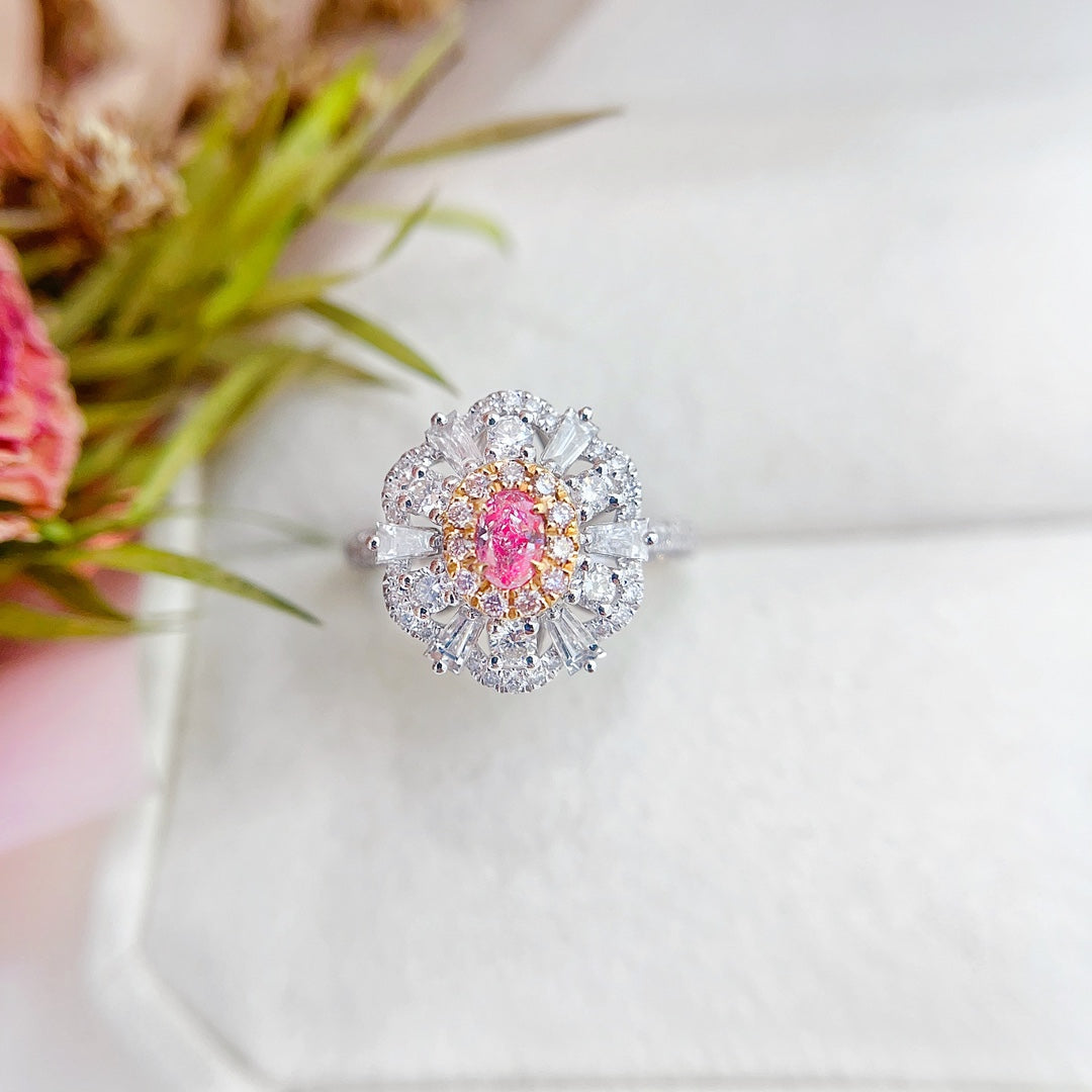 18K Pink Diamond Oval Tapered Halo Ring - Premium Jewelry - Pink Diamond Ring