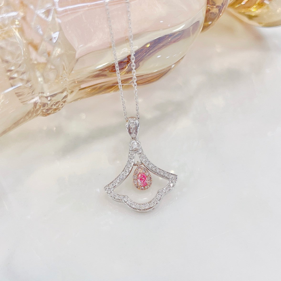 18K Pink Diamond Pendant Necklace - Waterdrop Shape Jewelry - Pink Diamond Necklace