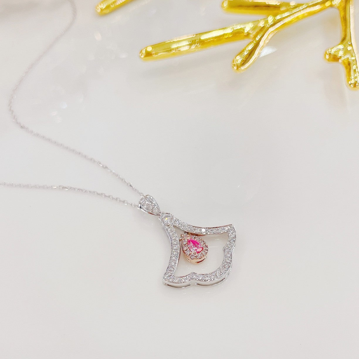 18K Pink Diamond Pendant Necklace - Waterdrop Shape Jewelry - Pink Diamond Necklace