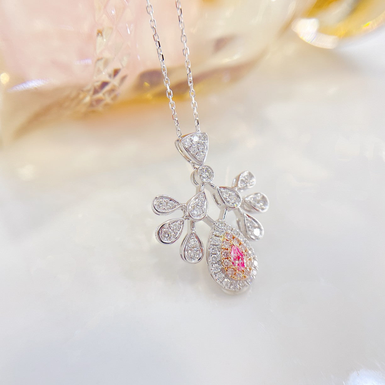 18K Pink Diamond Pendant Necklace with Peacock Design - XL026-F - Pink Diamond Necklace