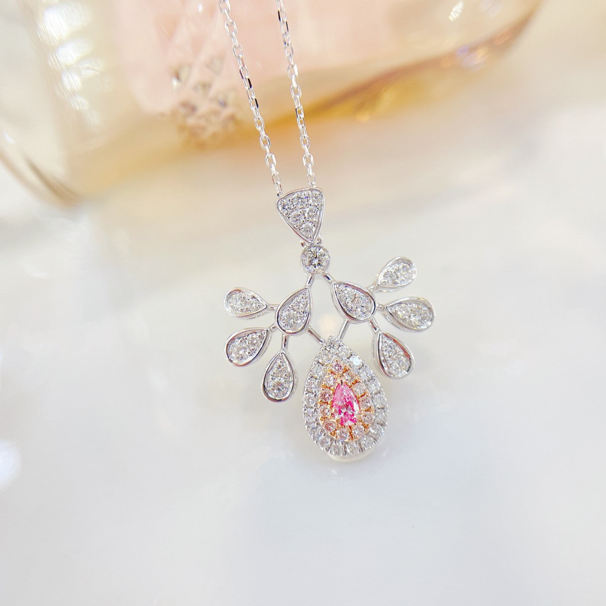 18K Pink Diamond Pendant Necklace with Peacock Design - XL026-F - Pink Diamond Necklace