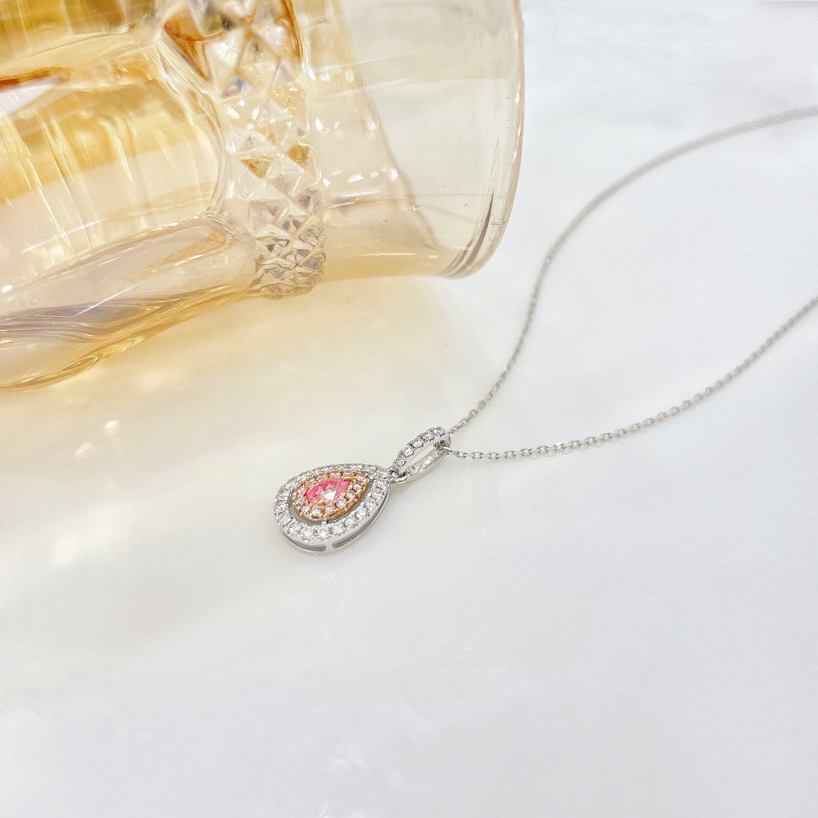 18K Pink Diamond Pendant Necklace with Surrounding Diamonds - XL009-F - Pink Diamond Necklace