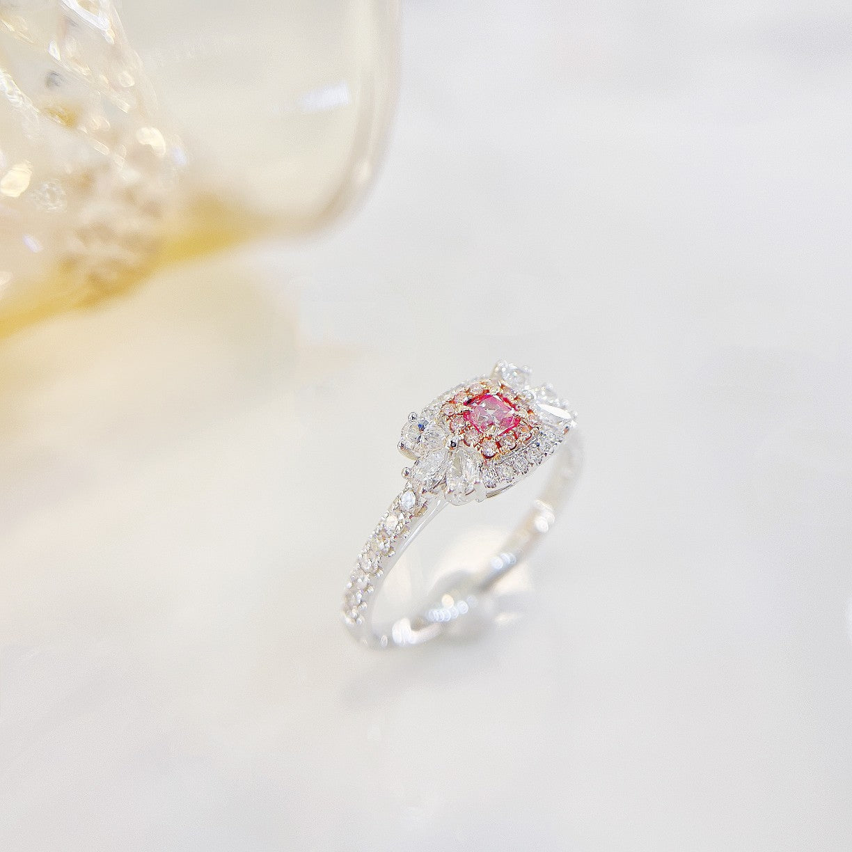 18K Pink Diamond Pillow-Shaped and Teardrop Halo Ring | Luxurious Jewelry - Pink Diamond Ring