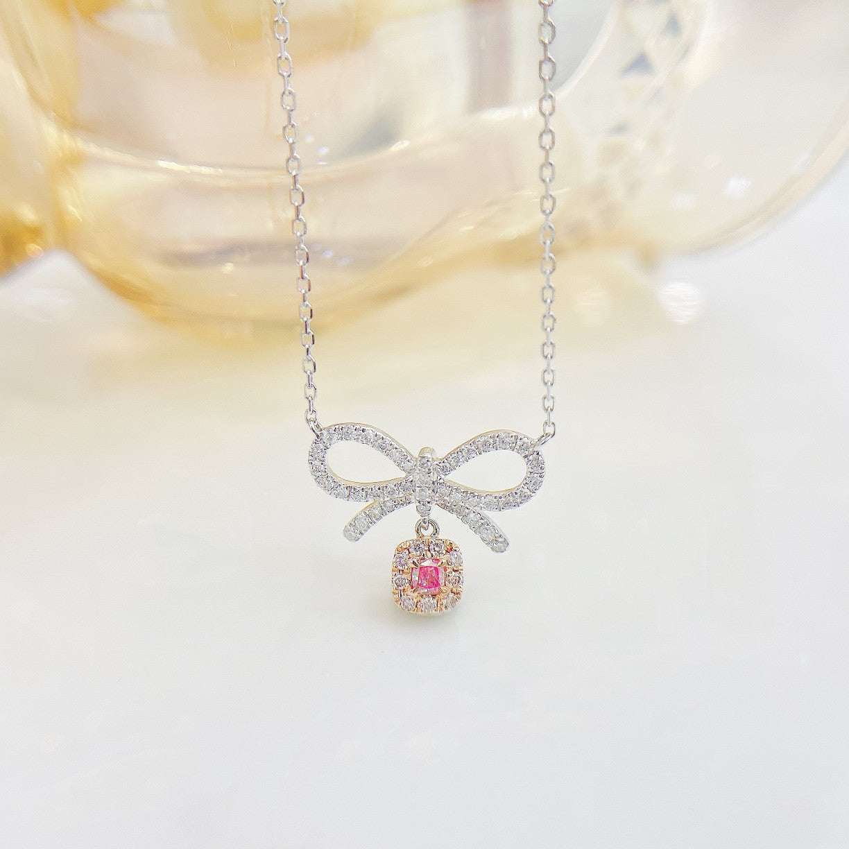 18K Pink Diamond Princess Bowknot Necklace | Luxury Jewelry - Pink Diamond Necklace