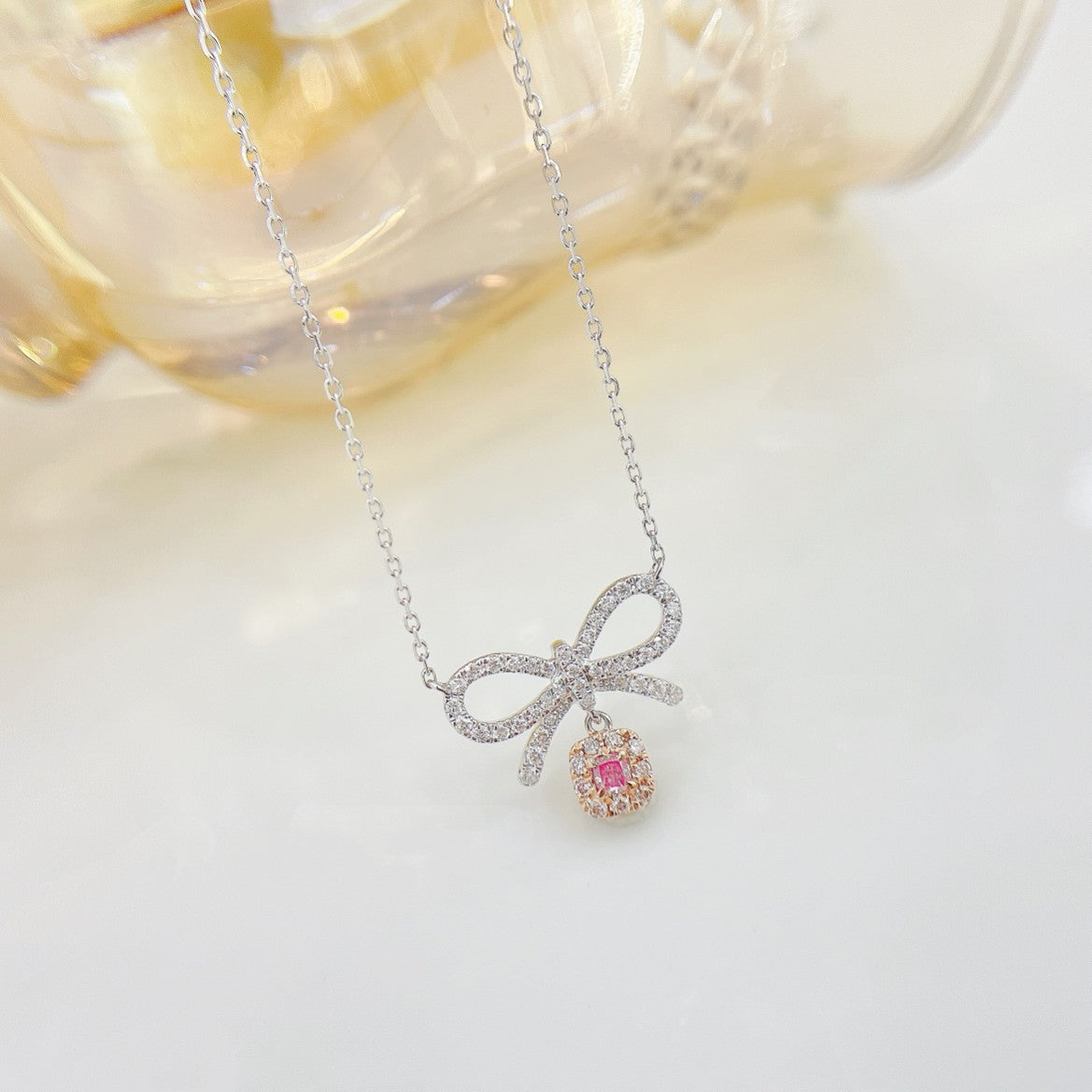 18K Pink Diamond Princess Bowknot Necklace | Luxury Jewelry - Pink Diamond Necklace