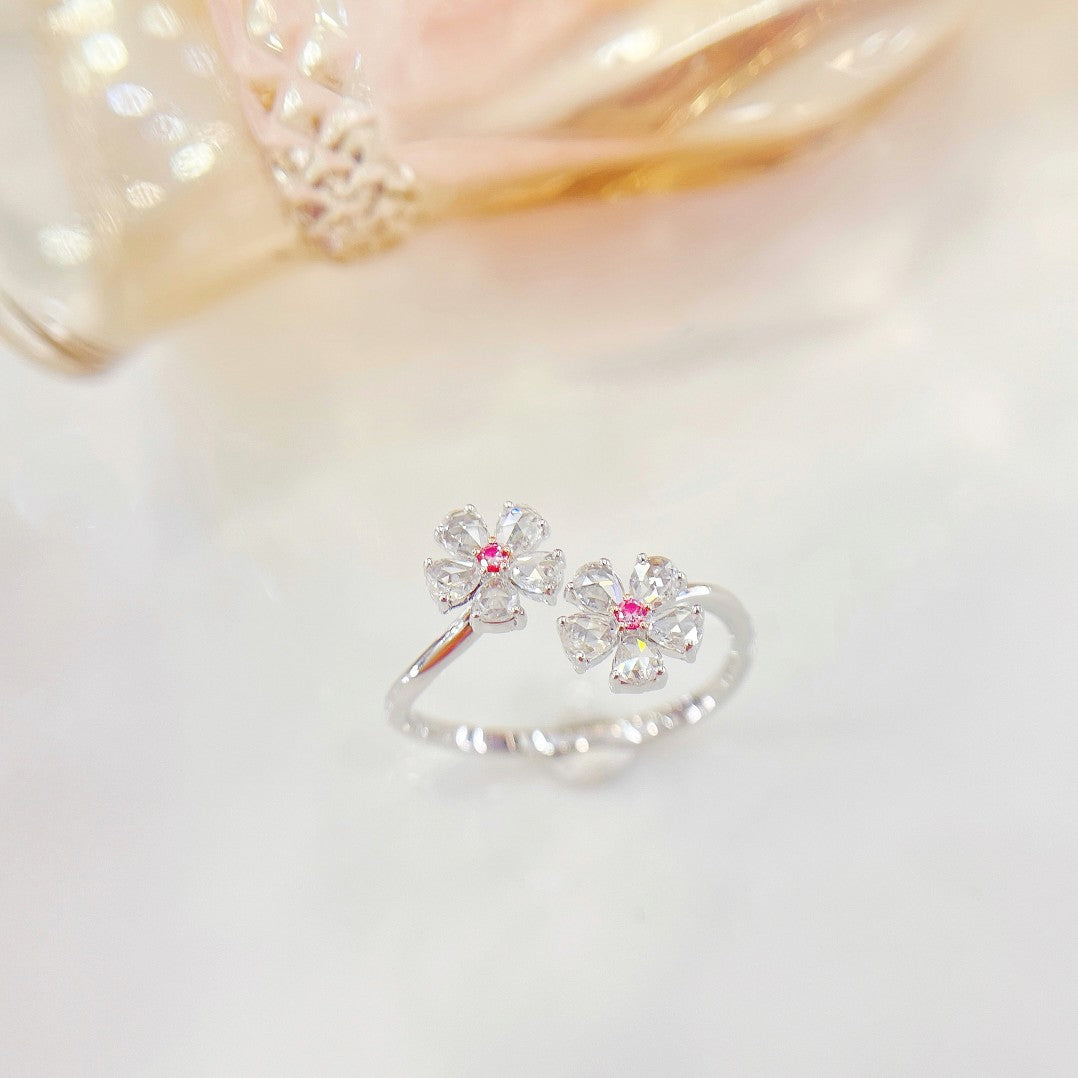 18K Pink Diamond Rose Double Flower Ring - Luxury Jewelry - Pink Diamond Ring