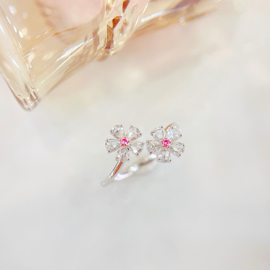 18K Pink Diamond Rose Double Flower Ring - Luxury Jewelry - Pink Diamond Ring