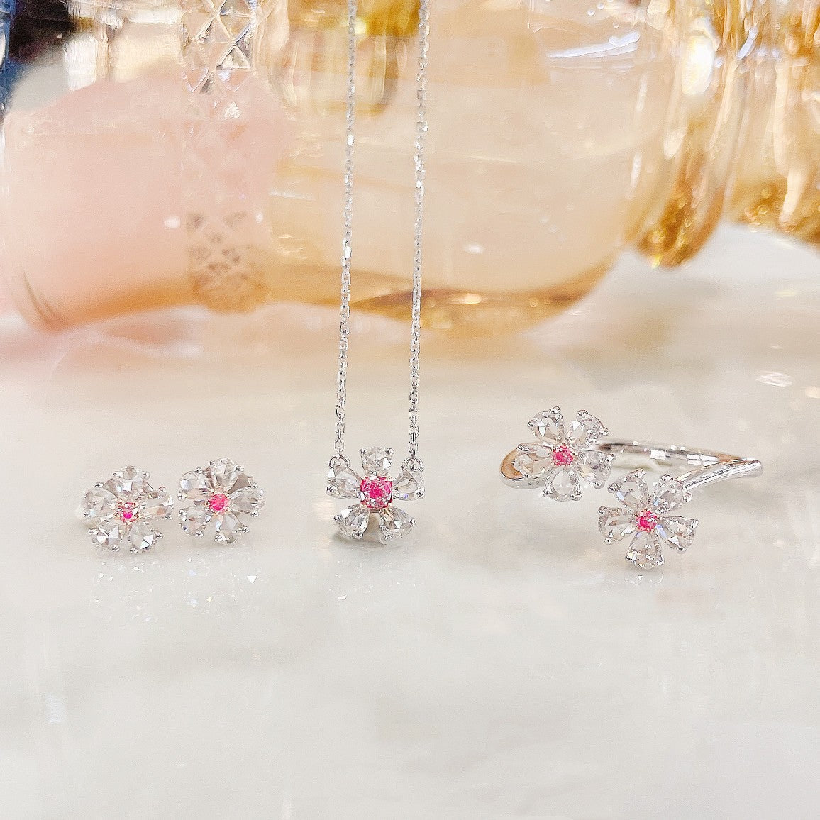 18K Pink Diamond Rose Flower Jewelry Set – Exquisite Elegance - Pink Diamond Set System