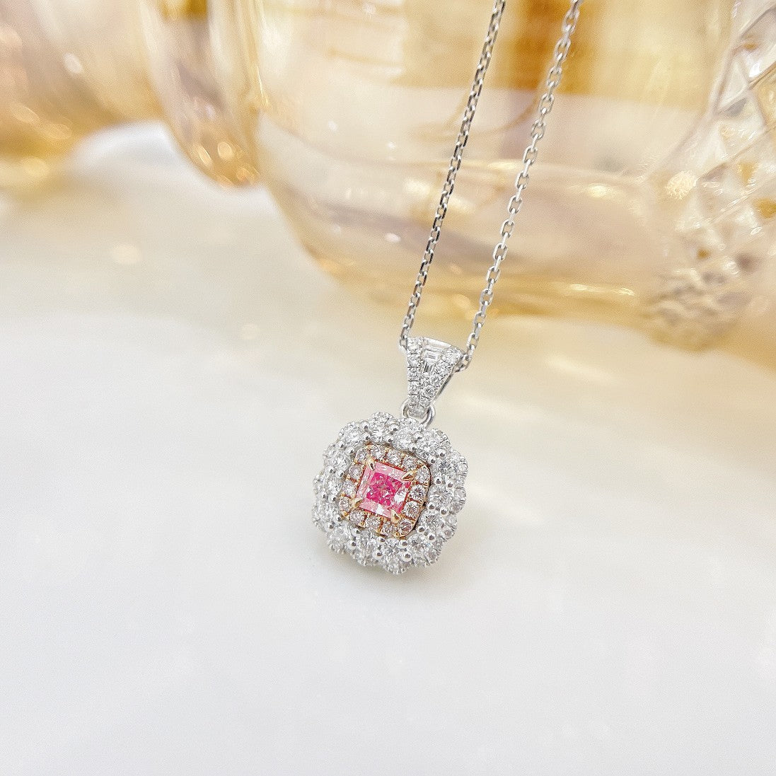 18K Pink Diamond Surround Necklace | Luxurious Jewelry Piece - Pink Diamond Necklace