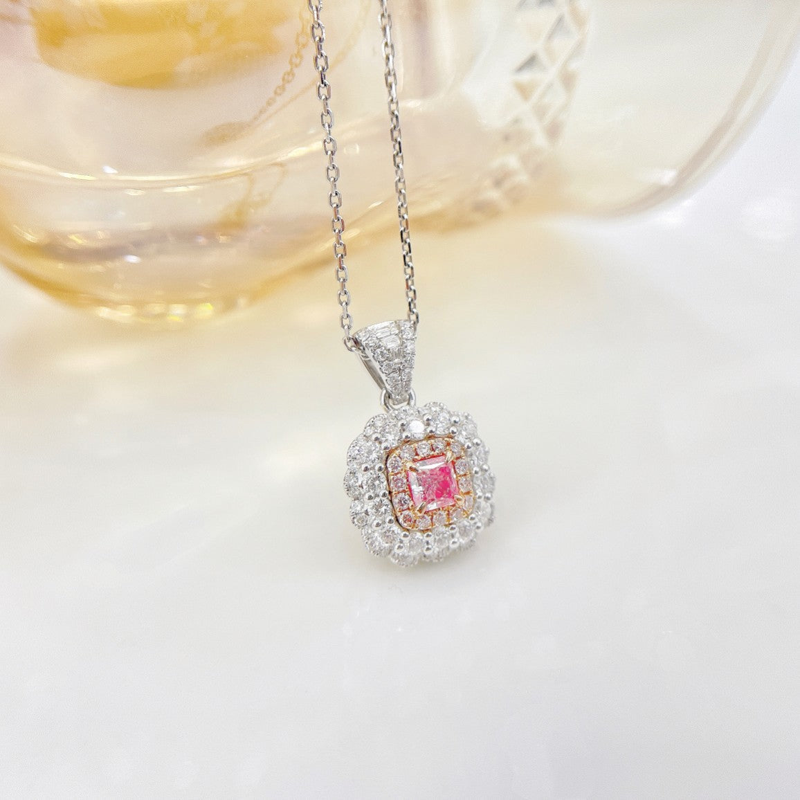 18K Pink Diamond Surround Necklace | Luxurious Jewelry Piece - Pink Diamond Necklace