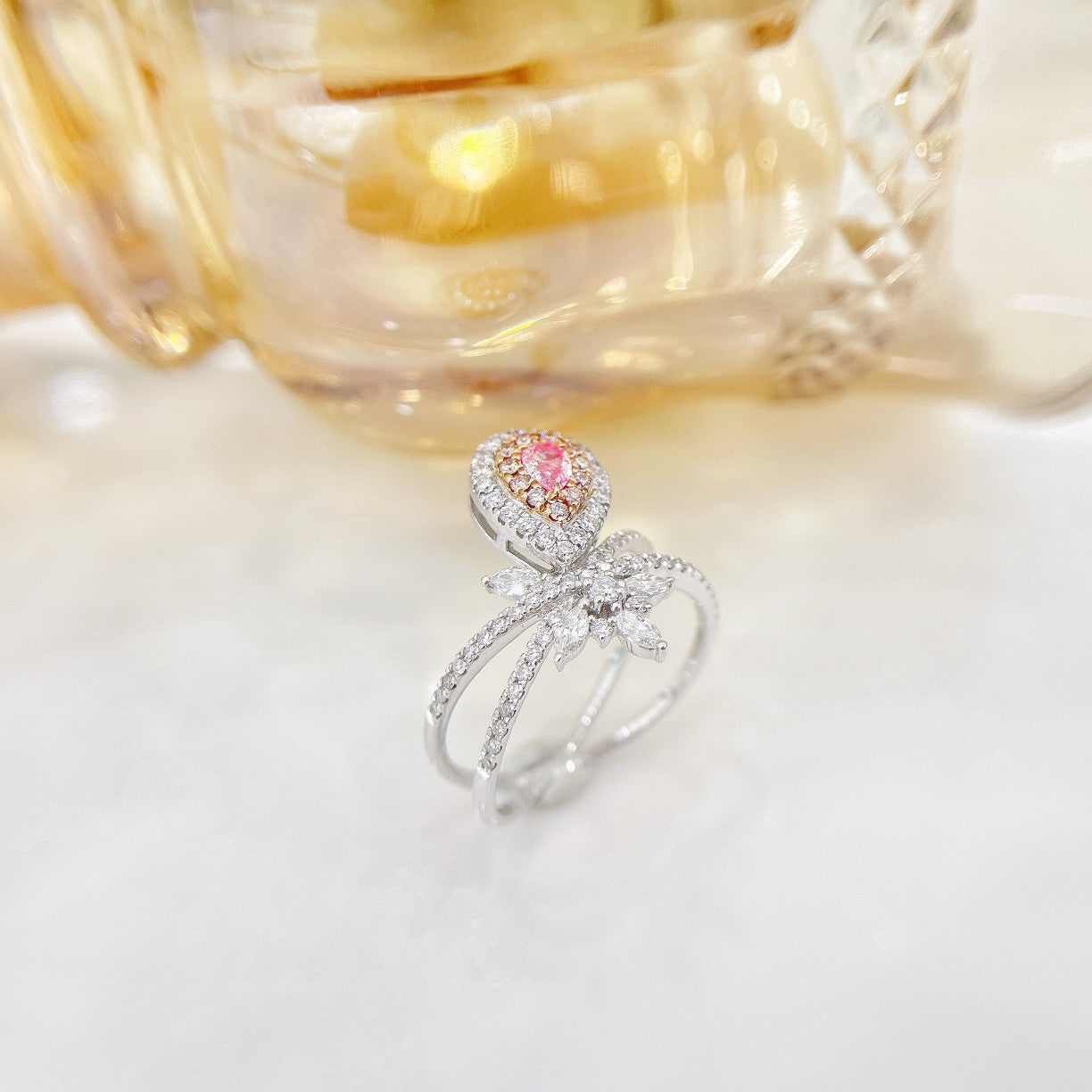 18K Pink Diamond Teardrop Marquise Ring - Luxurious Jewelry Piece - Pink Diamond Ring