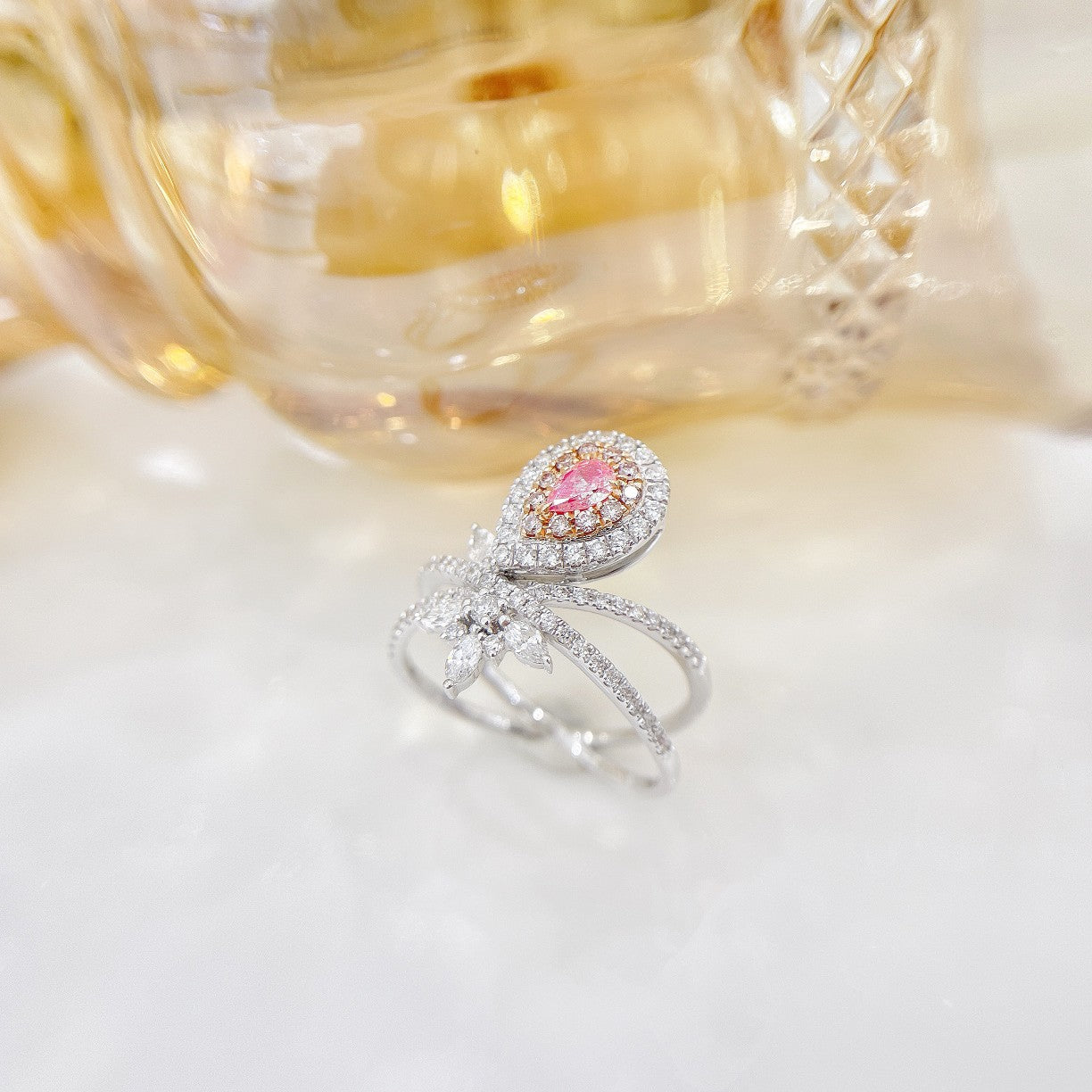 18K Pink Diamond Teardrop Marquise Ring - Luxurious Jewelry Piece - Pink Diamond Ring