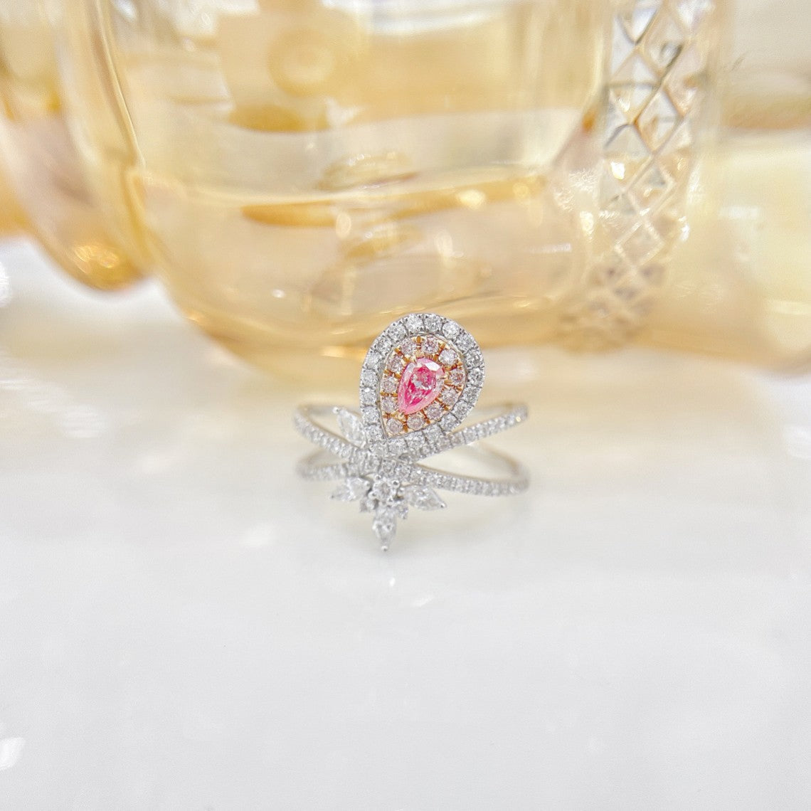 18K Pink Diamond Teardrop Marquise Ring - Luxurious Jewelry Piece - Pink Diamond Ring