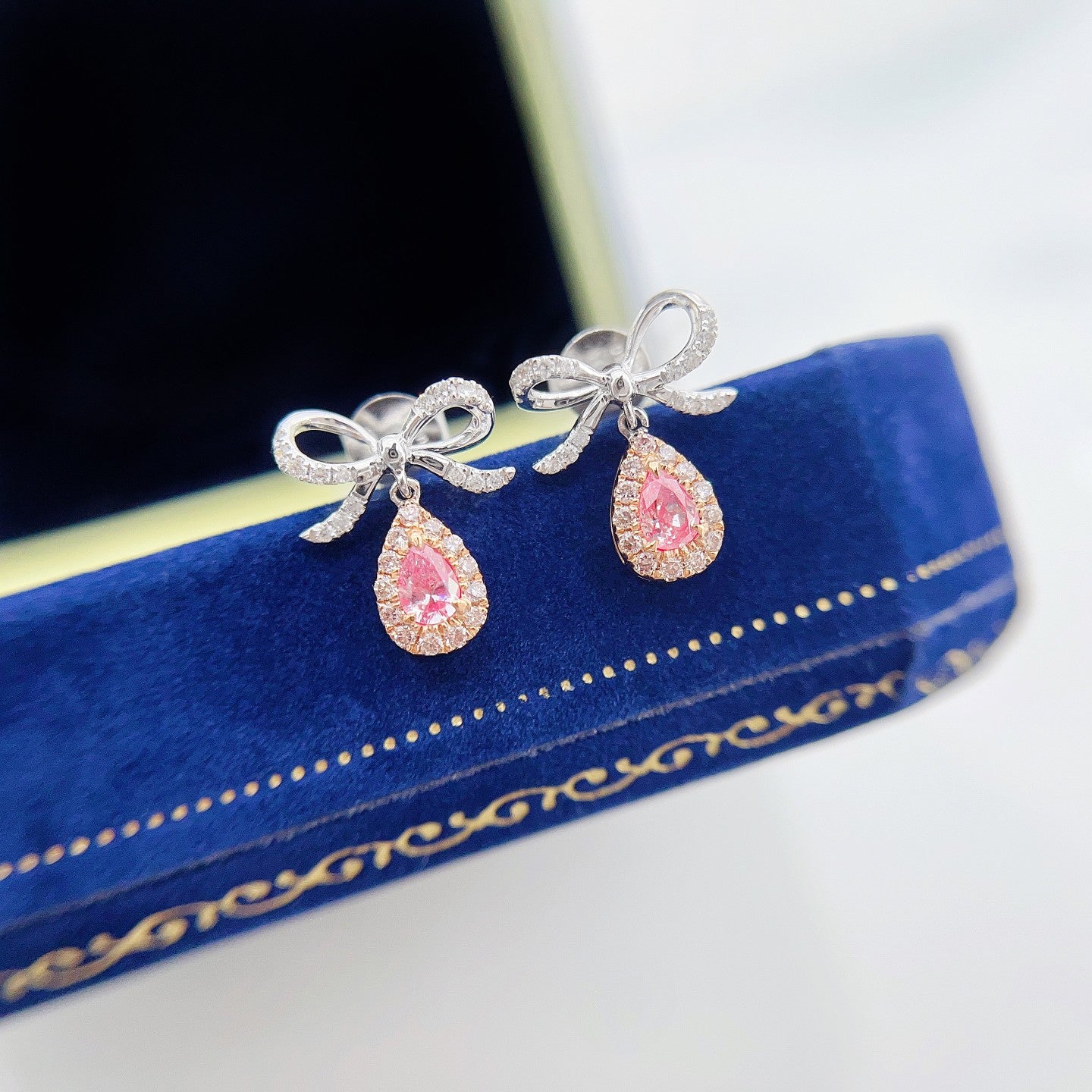 18K Pink Diamond Waterdrop Bowknot Earrings - Jeweler.Jewelry