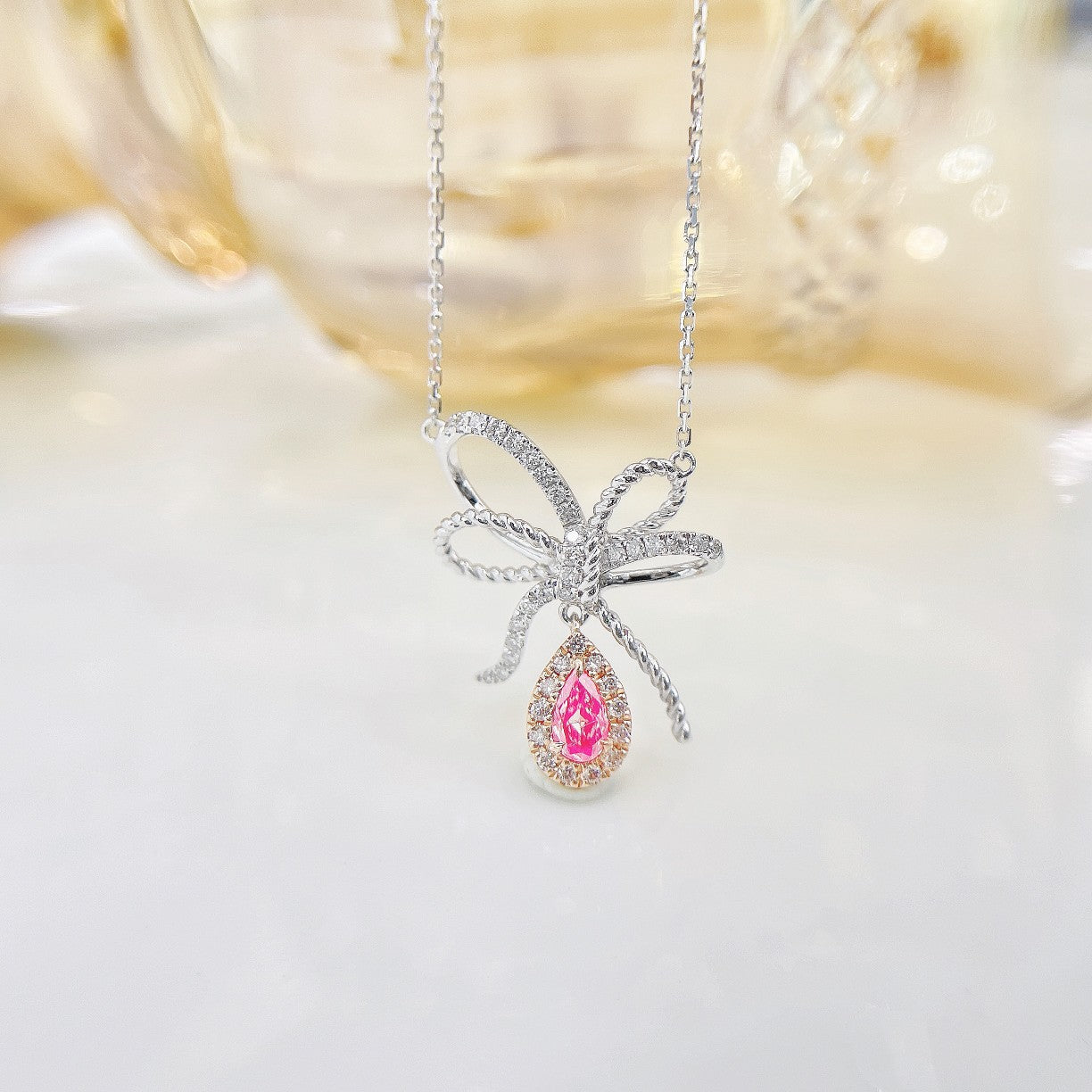 18K Pink Diamond Waterdrop Butterfly Dynamic Necklace - Elegant Jewelry Piece - Pink Diamond Necklace