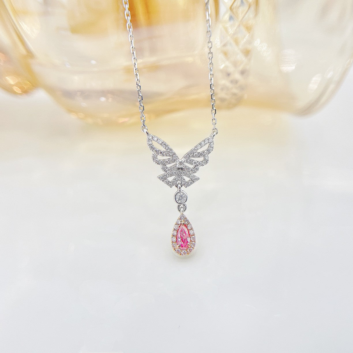 18K Pink Diamond Waterdrop Butterfly Necklace - Exquisite Jewelry - Pink Diamond Necklace