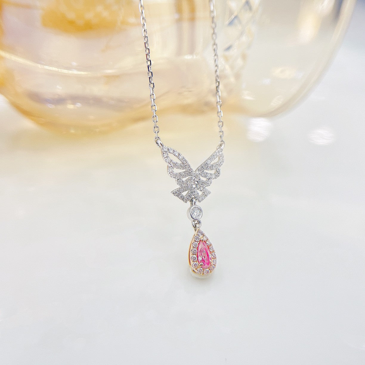 18K Pink Diamond Waterdrop Butterfly Necklace - Exquisite Jewelry - Pink Diamond Necklace