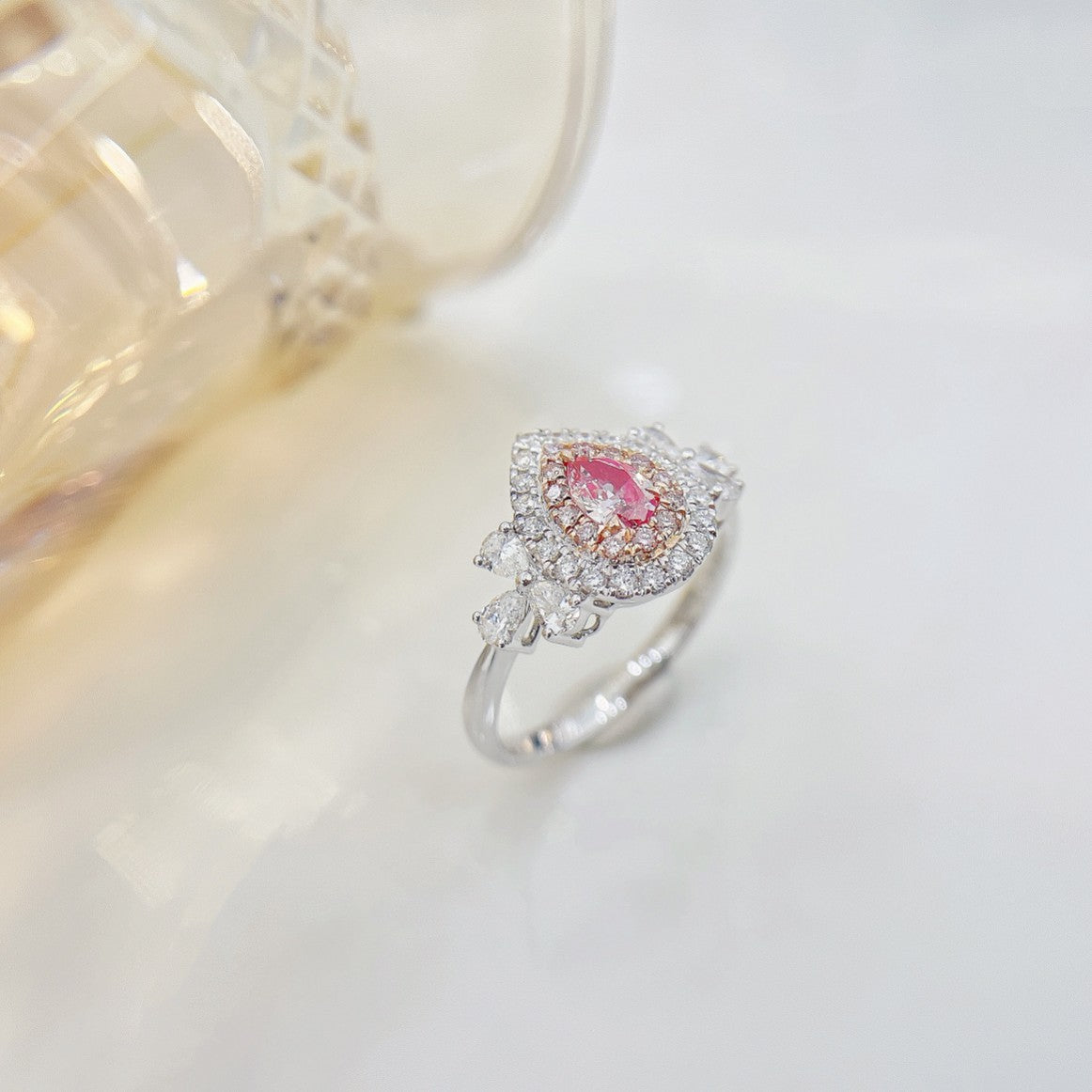 18K Pink Diamond Waterdrop Clover Ring - Luxury Jewelry - Pink Diamond Ring